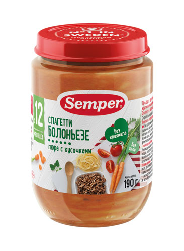 Пюре Semper Спагетти болоньезе без сахара с 12 месяцев 190 г