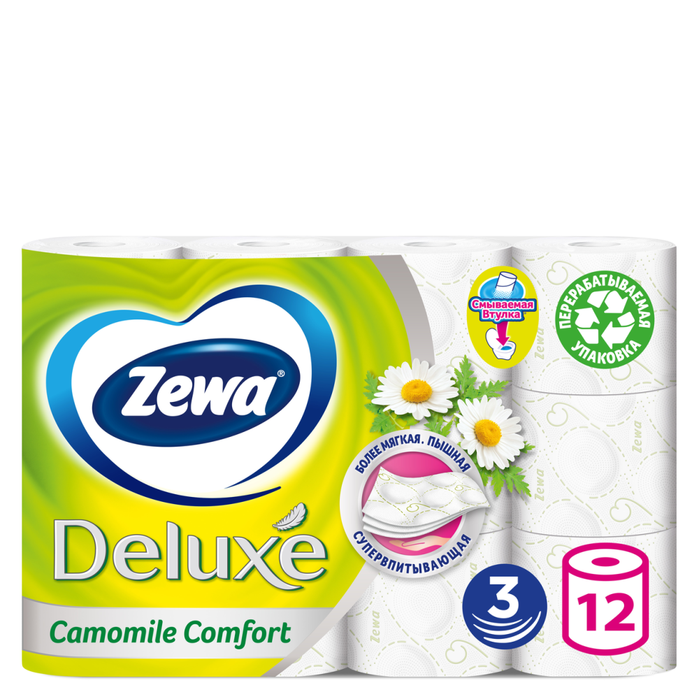 Бумага туалетная Zewa Deluxe Ромашка 3-слойная 12 рулонов
