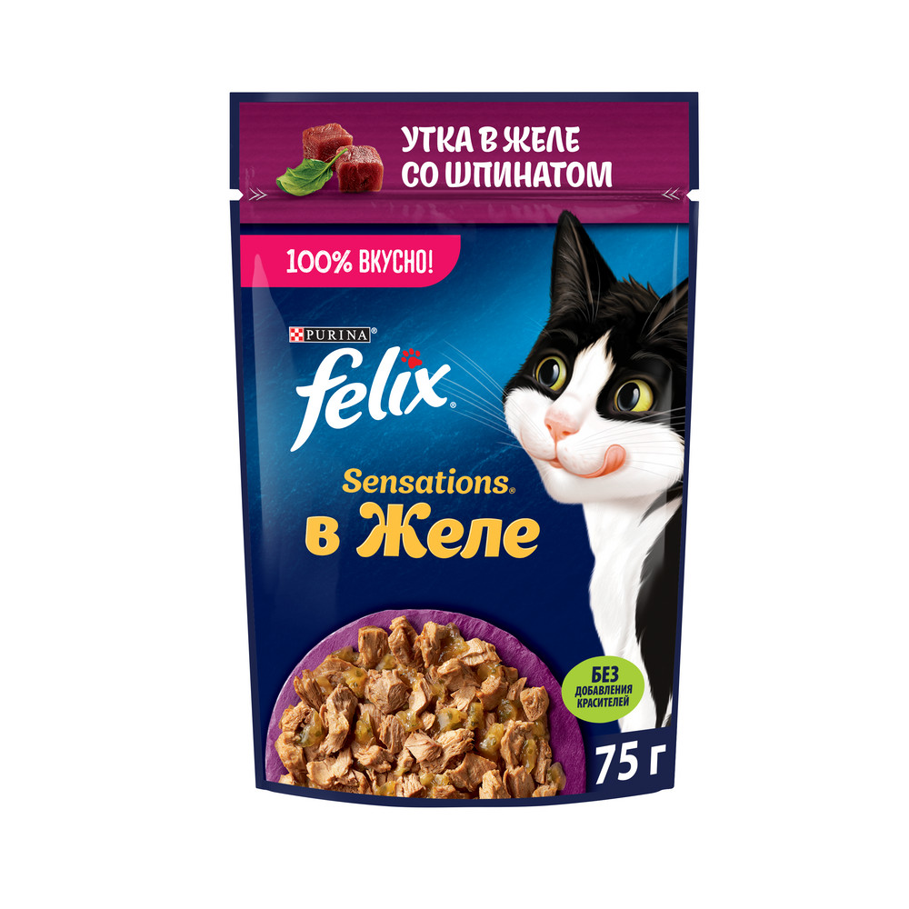 Корм влажный Felix Sensations желе утка-шпинат, 75г