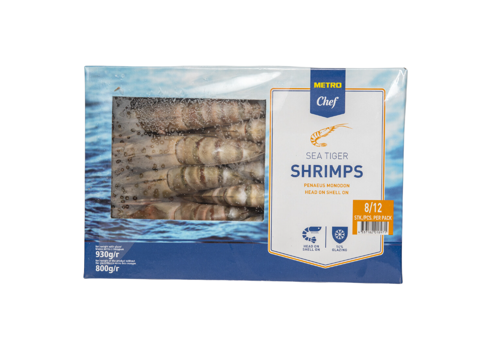 Креветки 8/12 тигровые с головой свежемороженые, 800г