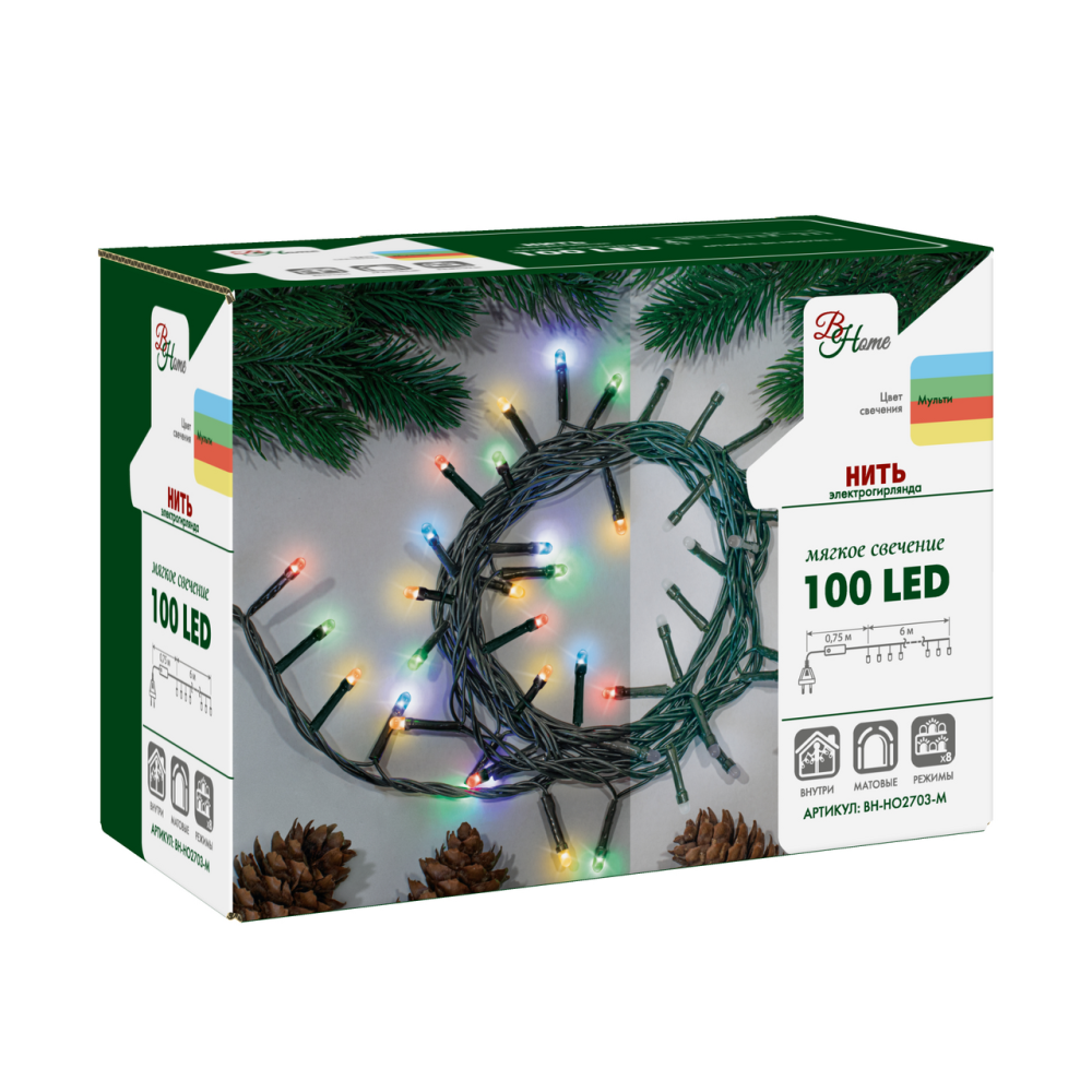 Гирлянда B & H электрическая нить разноцветная 100 ламп, 6 м
