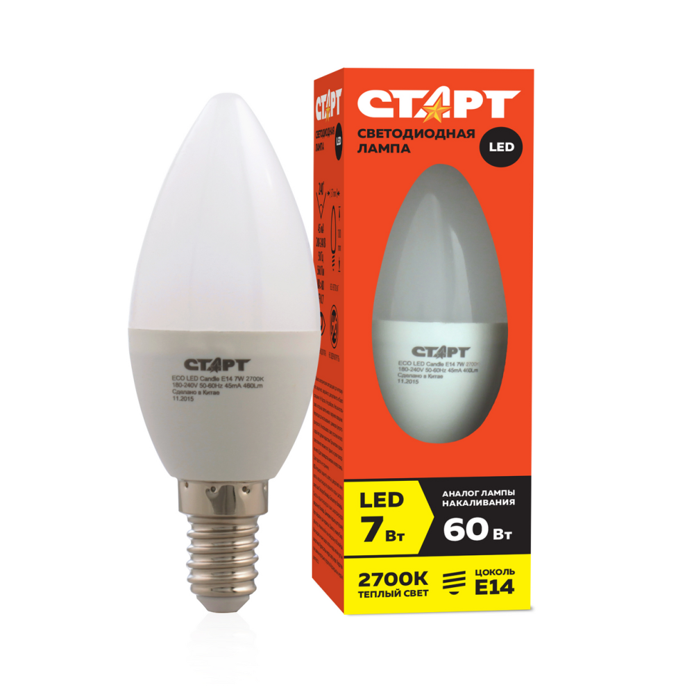 Лампа светодиодная Старт Eco Led Candle E14 7W свет теплый