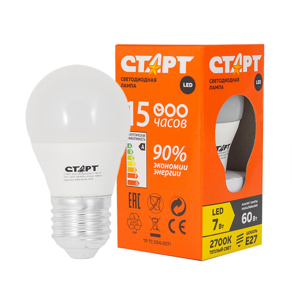 Лампа светодиодная Старт Eco Led shpere E27 7W свет теплый