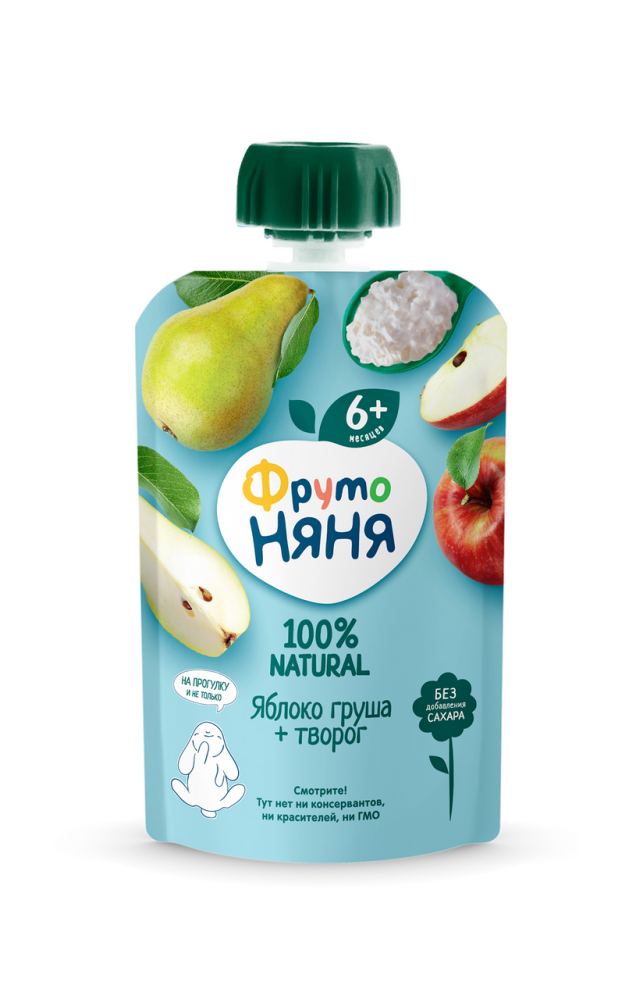 Пюре ФрутоНяня из яблок и груш с творогом для детей с 6 месяцев, 90г