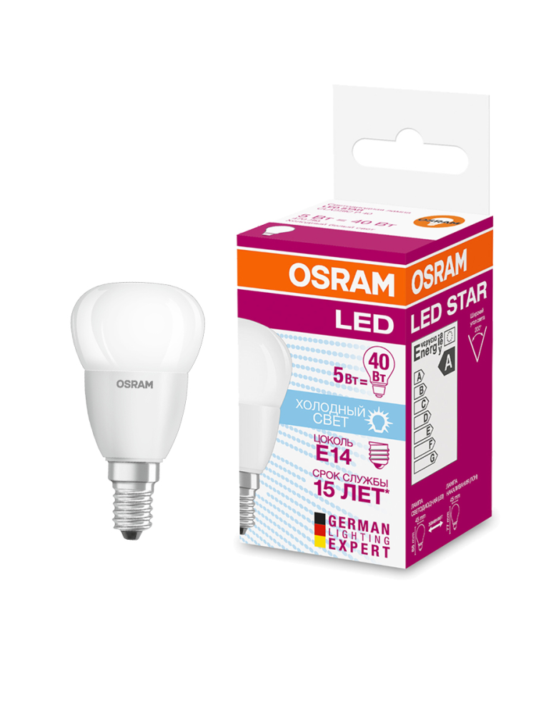 Лампа светодиодная Osram LED Е14 5W шар холодный свет