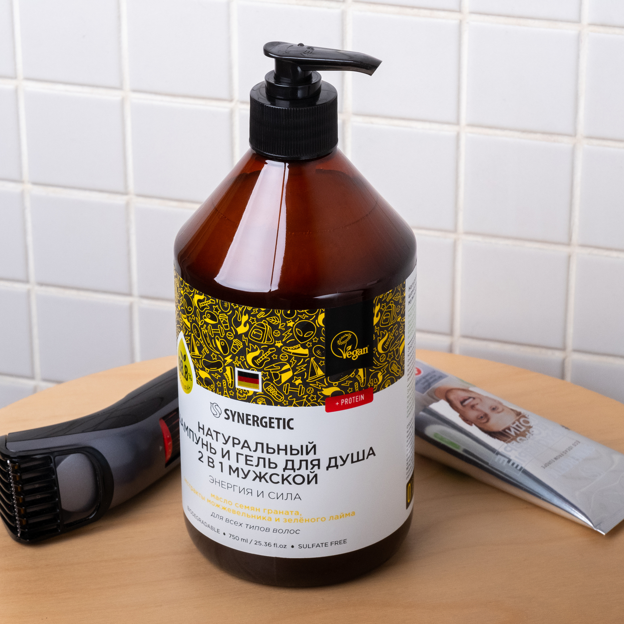 Гель для душа и шампунь Synergetic Энергия и сила для мужчин натуральный 2в1, 750мл