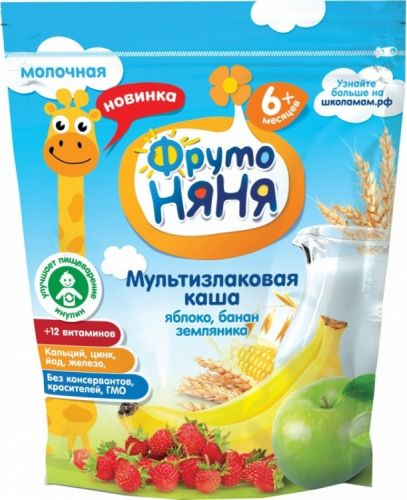 Каша ФрутоНяня молочная Яблоко, банан и земляника мультизлаковая 6+ месяцев, 200г