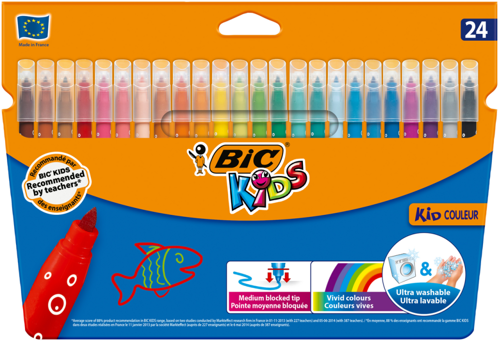 Фломастеры цветные BIC Kid Couleur смываемые 24 цвета 24 шт