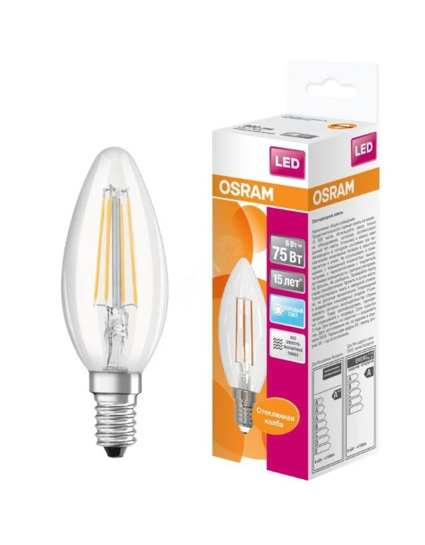 Светодиодная лампа Osram LED FIL 6W E14 холодный свеча