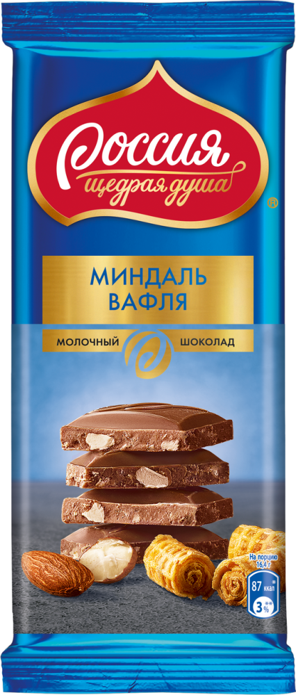 Шоколад Россия Щедрая душа Миндаль и вафля молочный, 82г
