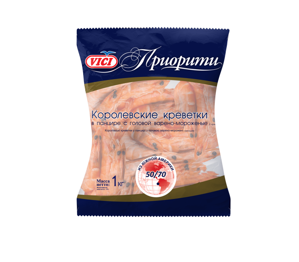 Креветки королевские Vici варено-мороженные 50/70 1 кг