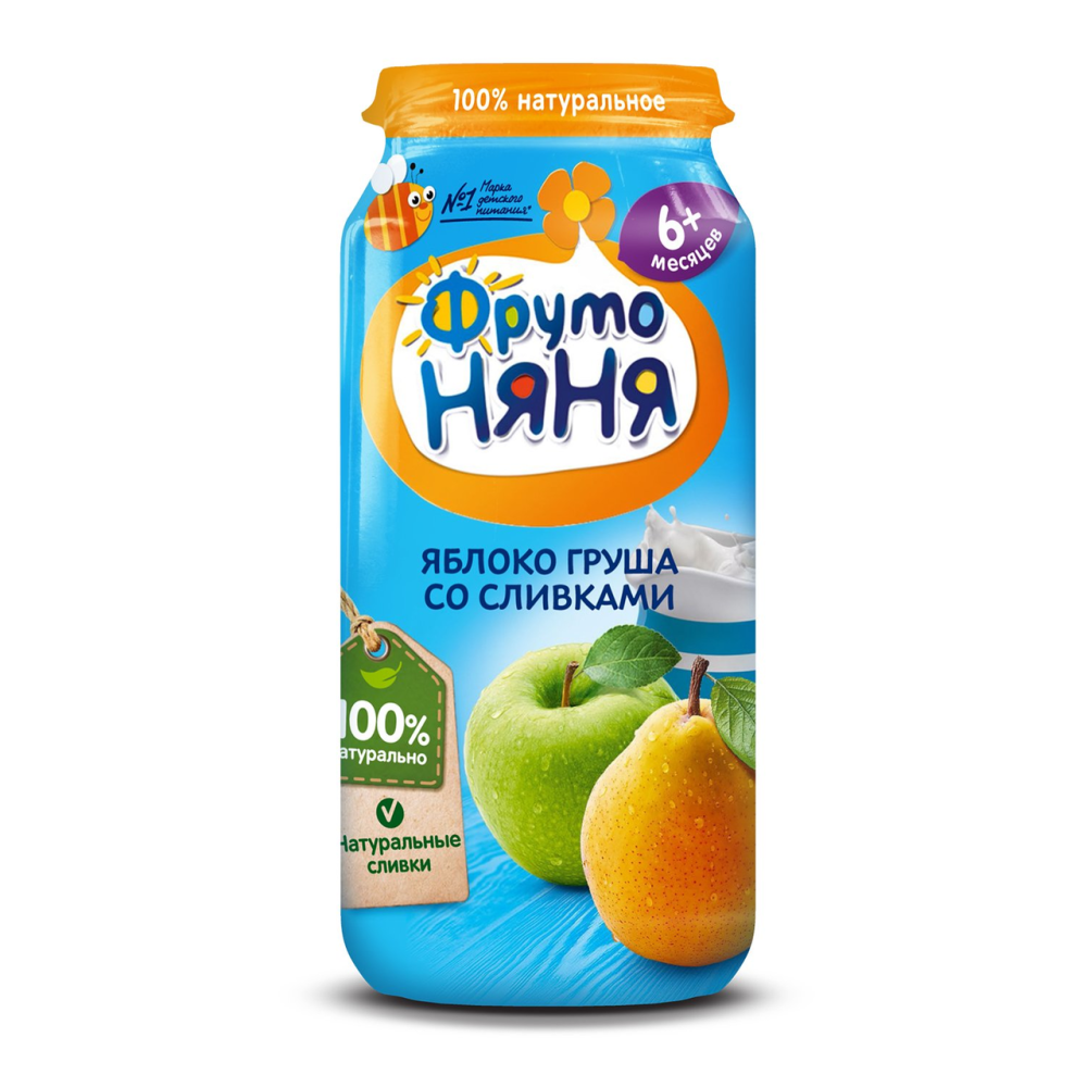Пюре ФрутоНяня из яблок и груш со сливками для детей с 6 месяцев, 250г