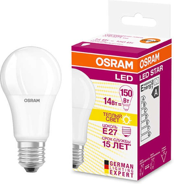 Лампа светодиодная Osram Star A 150 14W E27 груша теплый белый